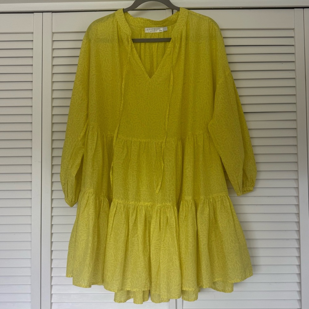 Seafolly Yellow Cotton Tiered Shift Dress with Subtle Dot Print - Women s/m